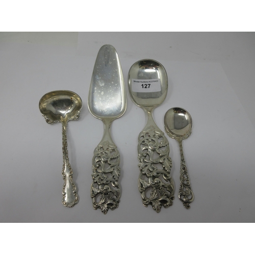 127 - A sterling silver small Ladle, Norwegian Christening Spoon, pair of Servers with leafage scroll hand... 