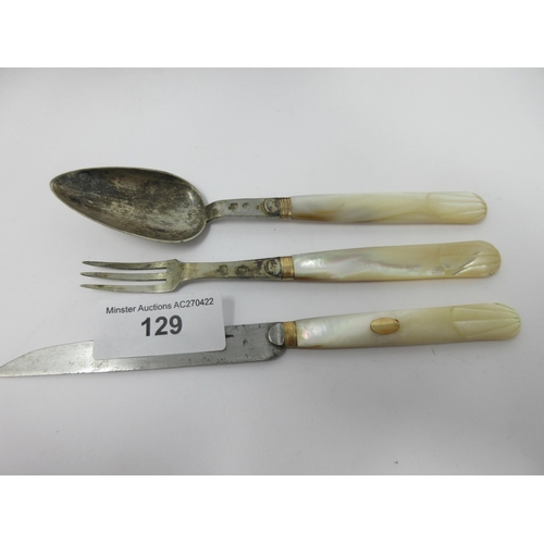 129 - An Austrian Knife, Fork and Spoon with mother-of-pearl handles, Spoon and Fork, marked, in case