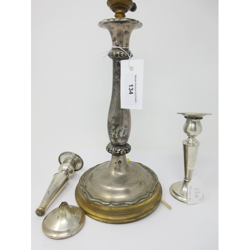 134 - An Austrian silver Candlestick with baluster column, circular base, on later gilt metal base, fitted... 