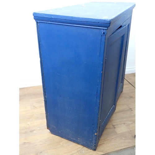 14 - A blue painted Cupboard, fitted two doors enclosing shelves, 3ft 8in W x 3ft 6in H x 1ft 7in deep