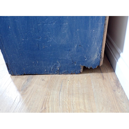 14 - A blue painted Cupboard, fitted two doors enclosing shelves, 3ft 8in W x 3ft 6in H x 1ft 7in deep