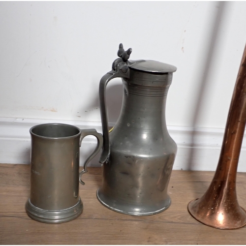 145 - A pewter cover Jug, 11in H, a pewter Mug with glass bottom and a copper Hunting Horn