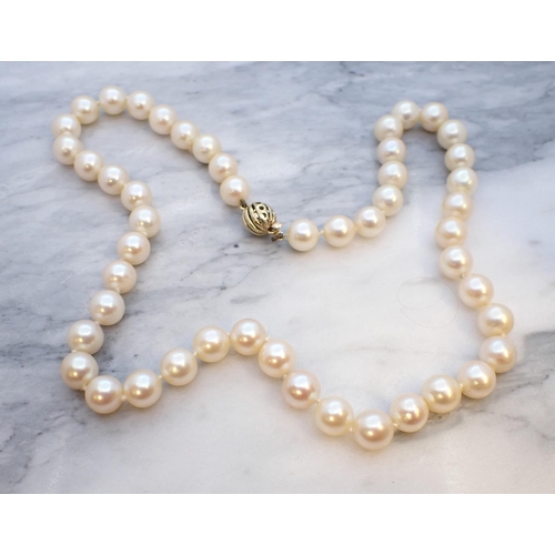 196 - A single row of Cultured Pearls on 9ct gold clasp, approx 45cms long, pearls approx 8mm