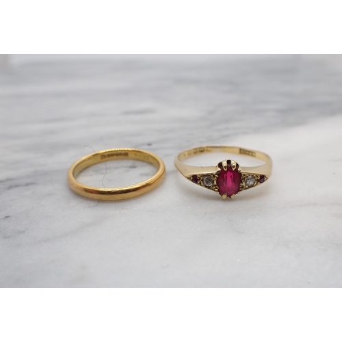 198 - A 22ct gold Wedding Band, approx 3gms and a Ruby and Diamond five stone Ring claw-set oval-cut ruby ... 