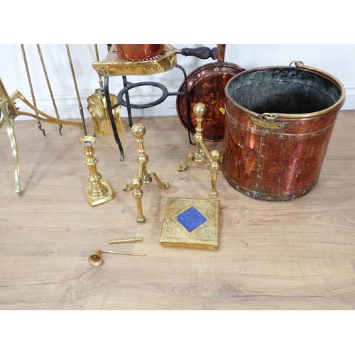 250 - A Georgian brass Kettle Stand, Kettle, Fire Irons, Candlestick, Warming Pan, Coal Bin, brass Candles... 