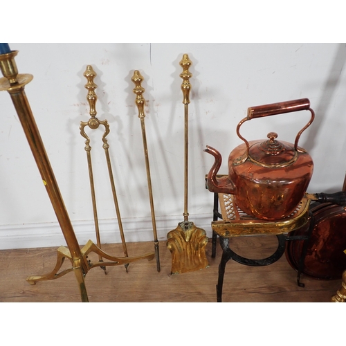 250 - A Georgian brass Kettle Stand, Kettle, Fire Irons, Candlestick, Warming Pan, Coal Bin, brass Candles... 