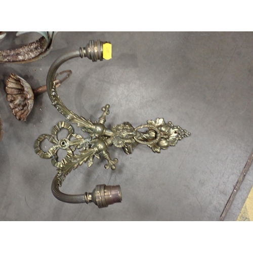 260 - A painted metal Chandelier with flower head designs a glass Electrolier A/F and two branch Wall Ligh... 