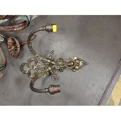 260 - A painted metal Chandelier with flower head designs a glass Electrolier A/F and two branch Wall Ligh... 