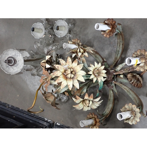 260 - A painted metal Chandelier with flower head designs a glass Electrolier A/F and two branch Wall Ligh... 