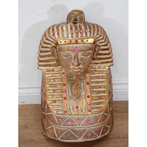 266 - An ornamental Coat of Arms, 2ft 8in W and an Egyptian style carved wooden bust, 20in H