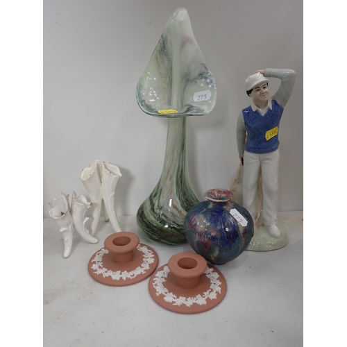 275 - A Royal Doulton Figure of a Golfer, 9 1/2 in H, a Burleigh ironstone blue and white Jug, Carltonware... 