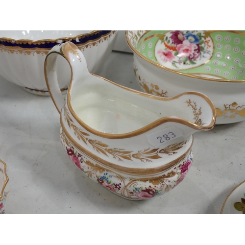 283 - A Copelands China part Tea Set with floral designs, a 19th Century Sauceboat, a Derby Bowl, a Coalpo... 