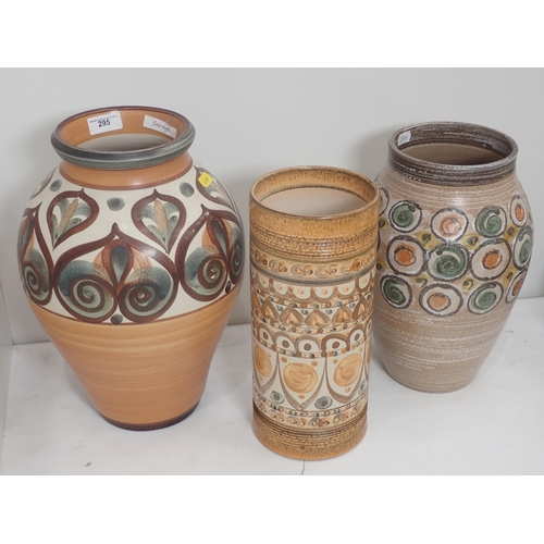 295 - Three large Denby vases, the patterns being Soraya, 13in H, Mineret, 11in H and Flamstead, 11in H