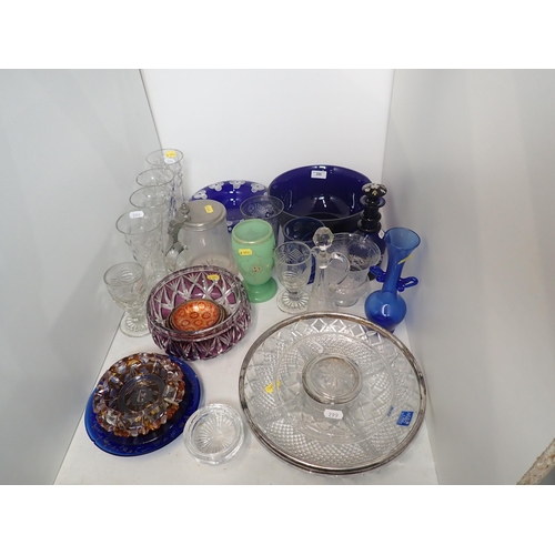 299 - A large Bristol blue glass Bowl, 9 1/2in A/F, a Bristol blue Decanter and Stopper, Beakers, Dishes, ... 