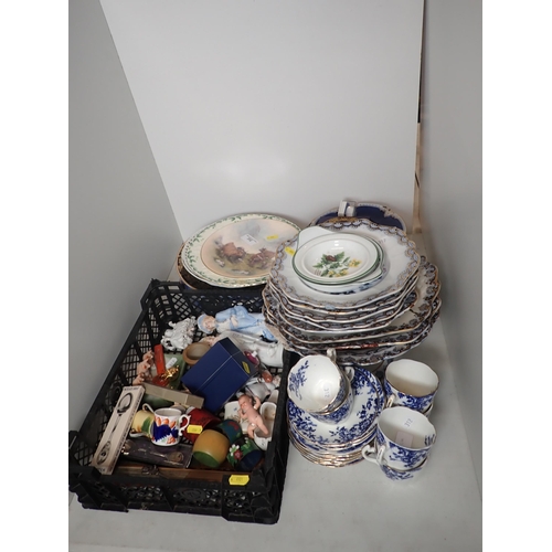 312 - A Victorian part dessert Set, blue and white Tea Set, Continental Figures, a silver Napkin Ring in c... 