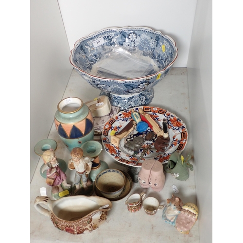 314 - A large Adams Pedestal Bowl, damaged, three Delft pottery Tiles, cheeky Condiments, a Beswick Beatri... 