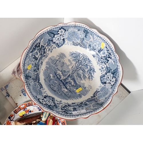 314 - A large Adams Pedestal Bowl, damaged, three Delft pottery Tiles, cheeky Condiments, a Beswick Beatri... 