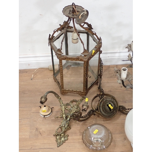 322 - A ceramic and metal four branch Electrolier, a brass Wall Bracket, a gilt metal and glass hexagonal ... 