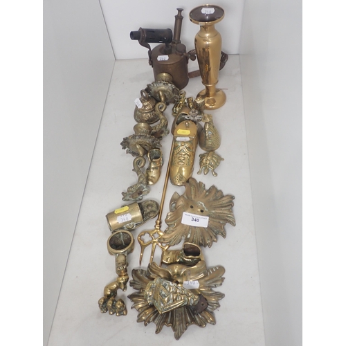 340 - A quantity of brassware including a pair of dolphin Candle Sconces, Vase, etc