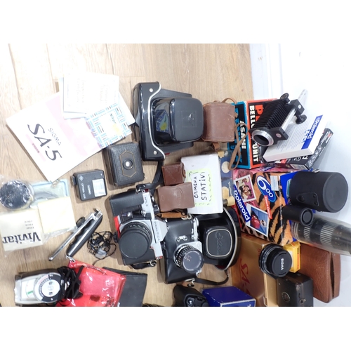 372 - A box of Photographic Equipment including Cameras, Lenses, Tripod, etc.