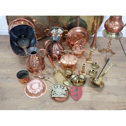 376 - Two antique copper Jugs, two large Chargers, Coal Scuttle, Warming Pan, Bellows, Candlesticks, etc.