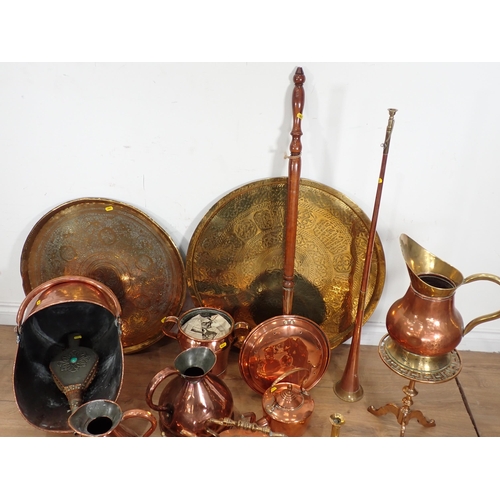 376 - Two antique copper Jugs, two large Chargers, Coal Scuttle, Warming Pan, Bellows, Candlesticks, etc.