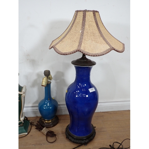 377 - A large blue ceramic Table Lamp and shade on bronze base A/F 2ft 4in H, another blue ceramic Table L... 