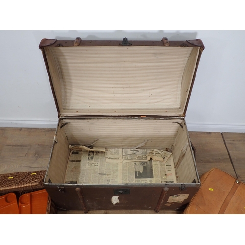 39 - A large wooden bound domed Trunk, a Suitcase and Picnic Basket