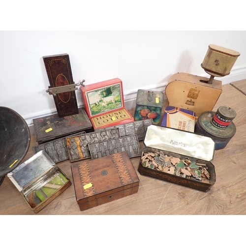 391 - An old Doll, various Tins, Games, Chocolate Cigarette Moulds, Coal Bucket, etc.