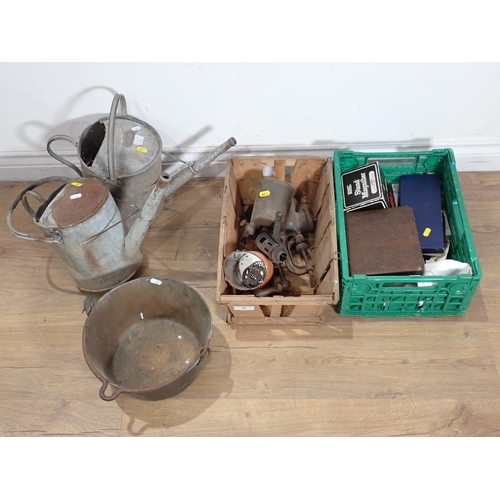 40 - A white enamel two handled Bath, galvanised Watering Cans, Jam Pans, Blow Torch, Cutlery etc.