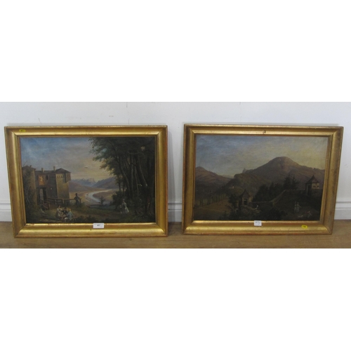 407 - CONTINENTAL SCHOOL, c.1850, Alpine Landscape scenes with figures, oil on canvas, 15½ x 22½in; a pair... 