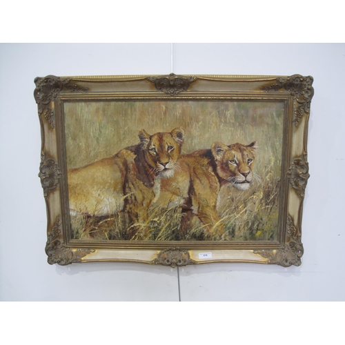 418 - SILVIA DURAN, Lionesses, signed and dated (19)75, with artist's label attached to the stretcher, oil... 