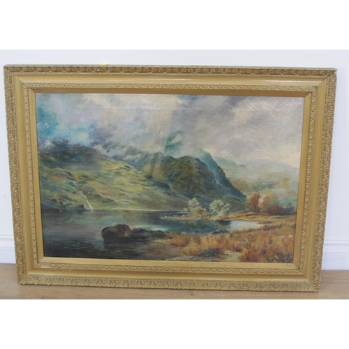 422 - ENGLISH SCHOOL, c.1920, A Mountainous Lake Landscape, oil on canvas, 21 x 30in; together with a misc... 