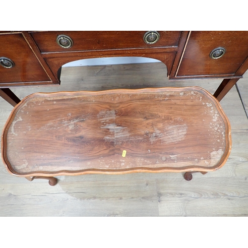 44 - A Georgian style mahogany veneered Side Table fitted three drawers, a walnut veneered Coffee Table a... 