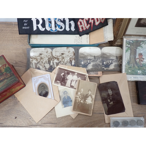 452 - A box containing WWI Postcards, oak bound Jotter, Tins, Print, etc.