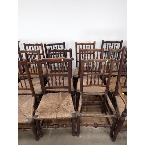 467 - Eighteen antique rush seated spindle back Chairs A/F