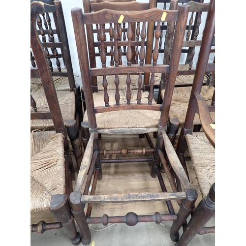 467 - Eighteen antique rush seated spindle back Chairs A/F