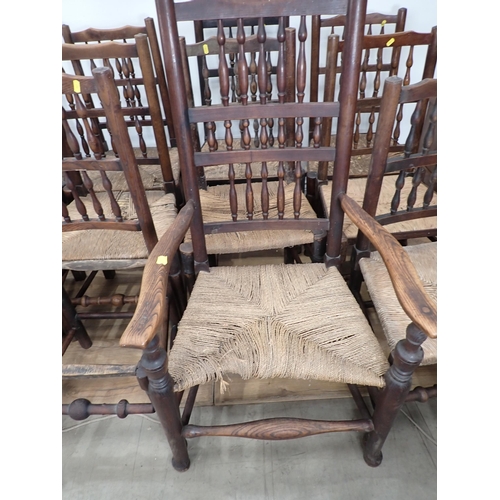 467 - Eighteen antique rush seated spindle back Chairs A/F