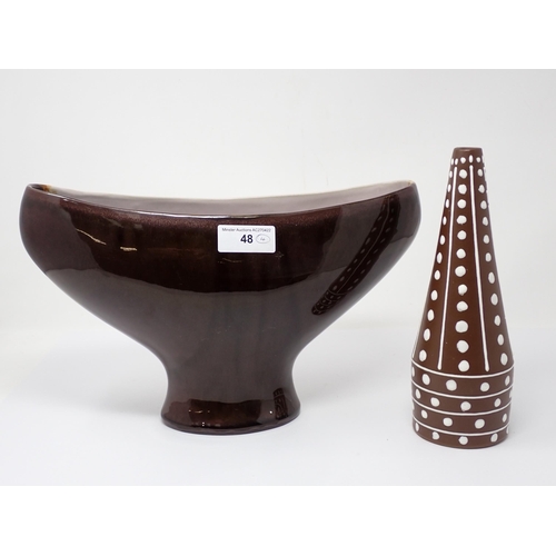 48 - A Denby Asphodel Vase, a studio pottery tapering brown glazed Vase and two Prints