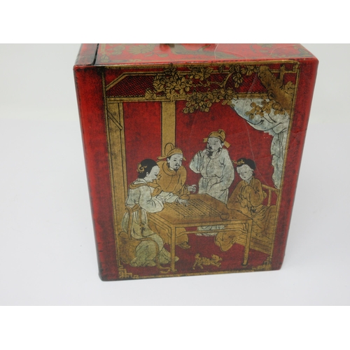 49 - A Mah Jong Set in red lacquered case with slide-up front revealing four drawers, 8in