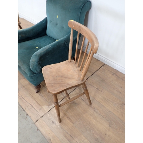 496 - A 19th Century green upholstered Easy Chair and two stick back Kitchen Chairs