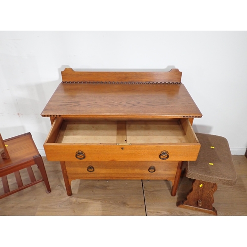 498 - An oak Chest of three drawers, a G-Plan type Coffee Table, Corner Shelves and oak Stool