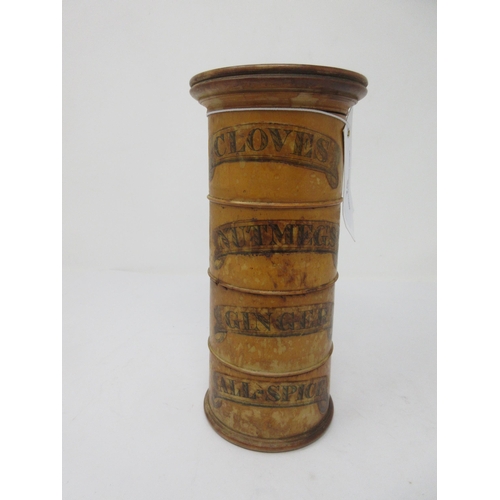 52 - A treen Spice Tower, labelled Cloves, Nutmeg, Ginger and All-Spice, 7½in, split