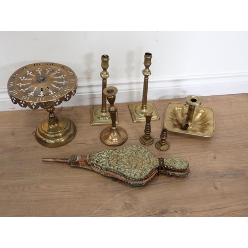 635 - A brass Chamber Candlestick, Kettle Stand, pair of brass Candlesticks on square bases, brass Bellows... 