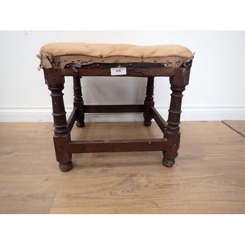 636 - An 18th Century oak Stool with upholstered top, A/F, on turned square supports, united by square str... 