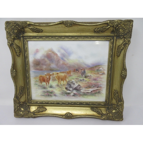 68 - A pair of porcelain Plaques painted highland cattle in landscapes, 7 x 9in, signed W.A. White, in gi... 