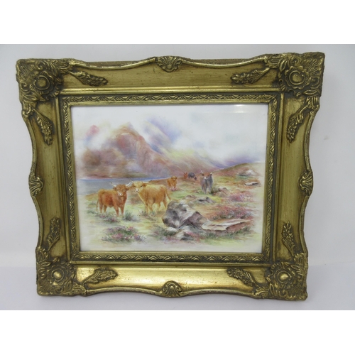 68 - A pair of porcelain Plaques painted highland cattle in landscapes, 7 x 9in, signed W.A. White, in gi... 