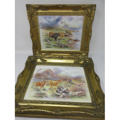 68 - A pair of porcelain Plaques painted highland cattle in landscapes, 7 x 9in, signed W.A. White, in gi... 