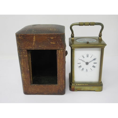 81 - A brass cased Carriage Clock with lever escapement, hour repeater, 6½in, in original case, with key