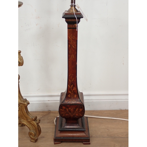 380 - A walnut and marquetry inlaid Table Lamp A/F (passed PAT) 3ft H and an antique giltwood pricket Cand... 